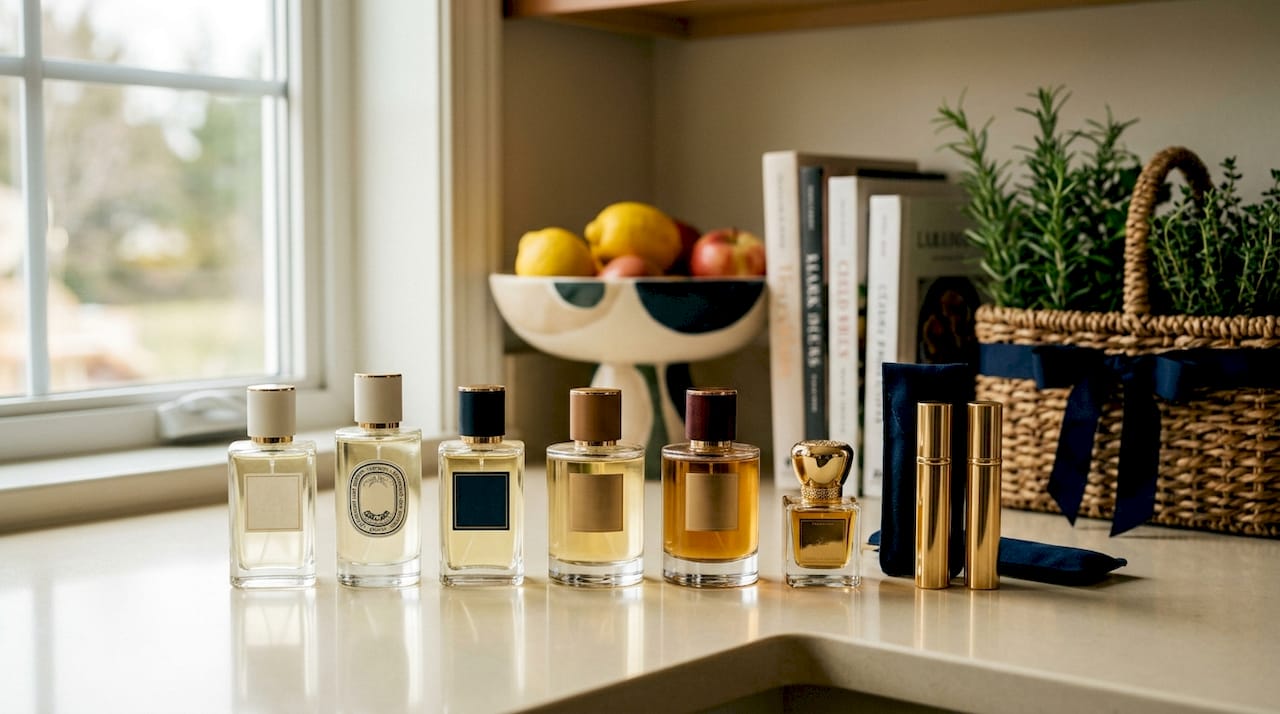 Overhead view of diverse perfume bottles