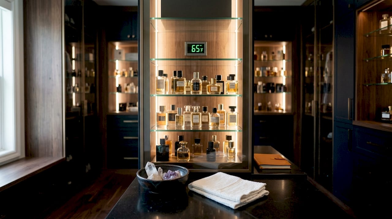 Perfume bottles in temperature-controlled storage cabinet
