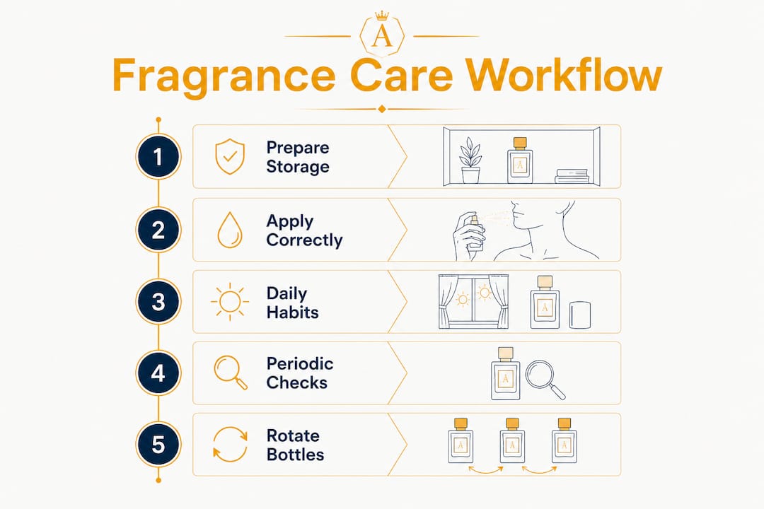 Infographic showing five steps of fragrance care workflow