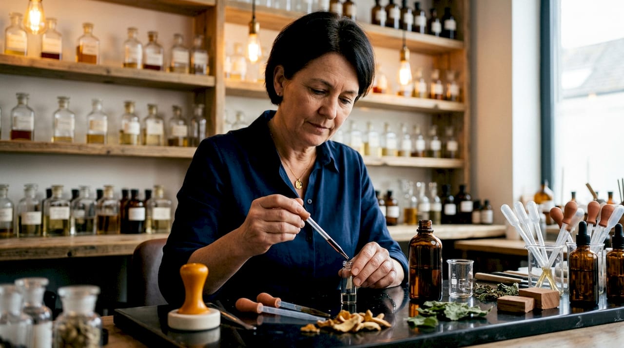Perfumer mixing essential oils in studio