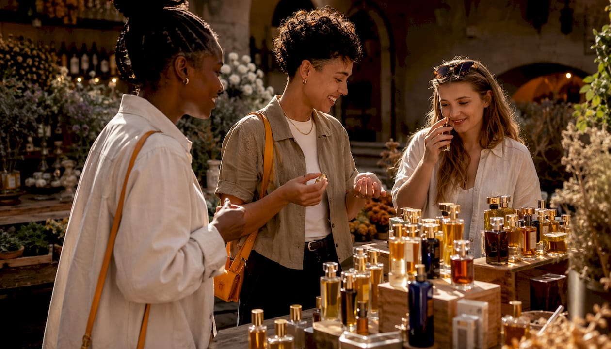 Diverse young adults selecting fragrances in boutique