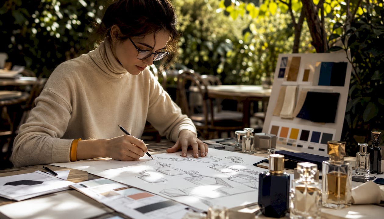 Designer sketching fragrance bottle concepts