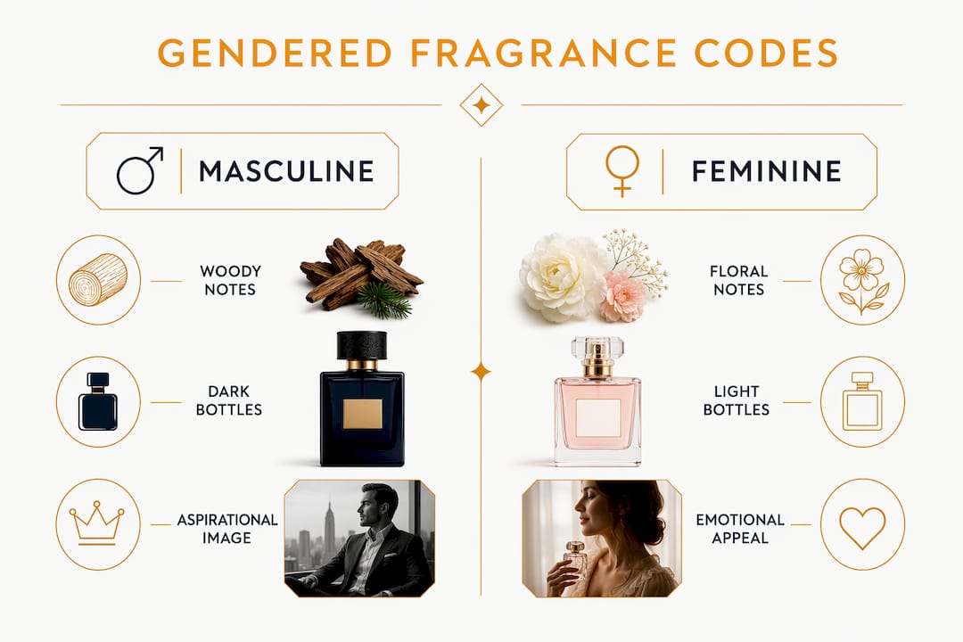 Infographic comparing masculine and feminine fragrance marketing