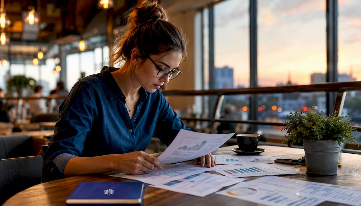 SEO analyst reviewing printed rank reports