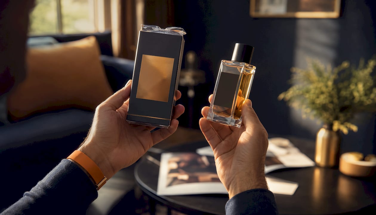 Hands comparing two fragrance bottles on table