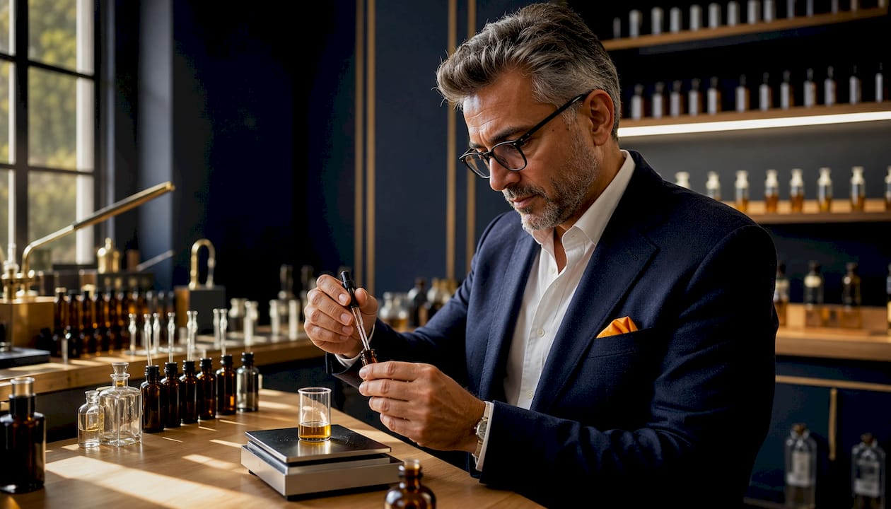 Perfumer measuring essential oils in scent laboratory