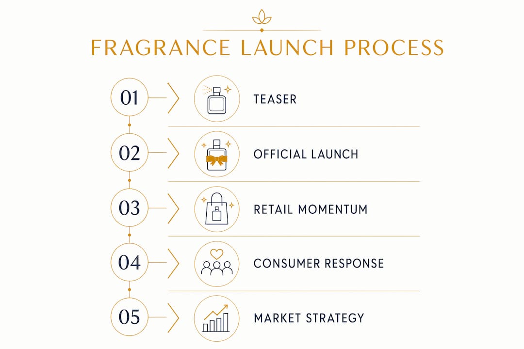 Infographic illustrating stages of fragrance launch process