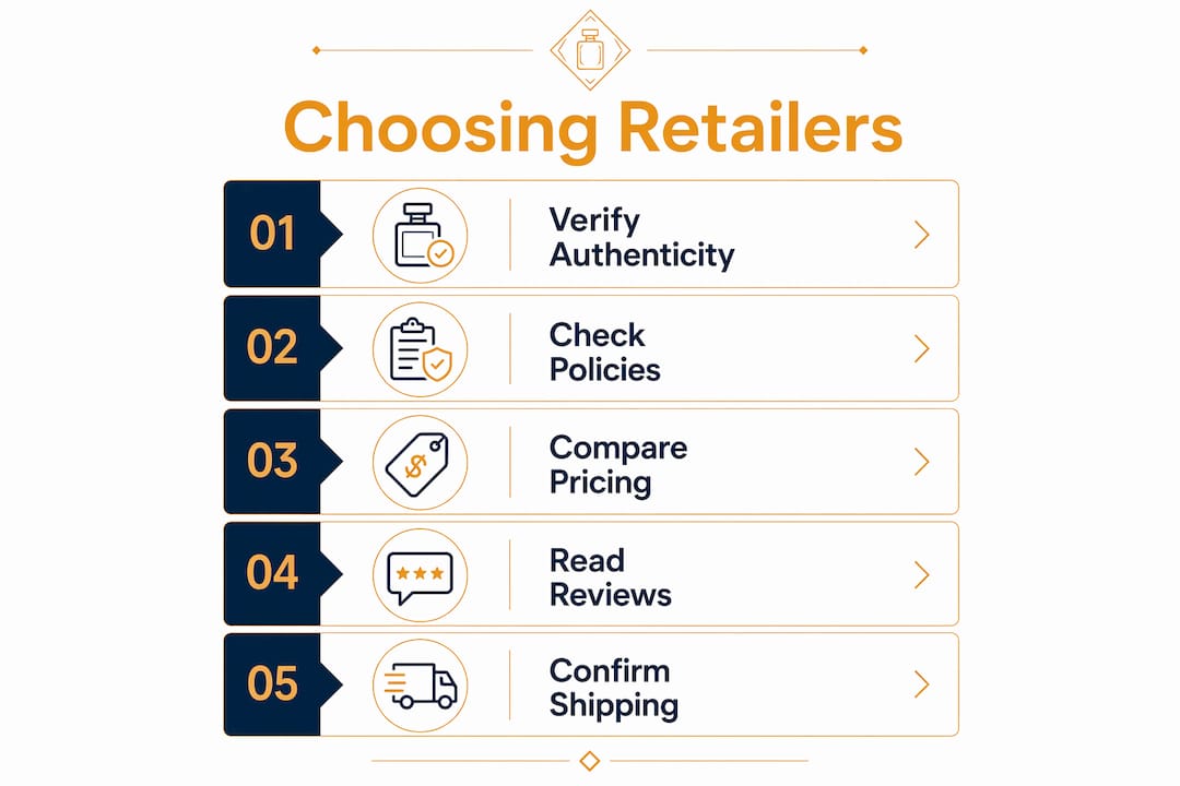 Infographic showing steps to evaluate fragrance retailers
