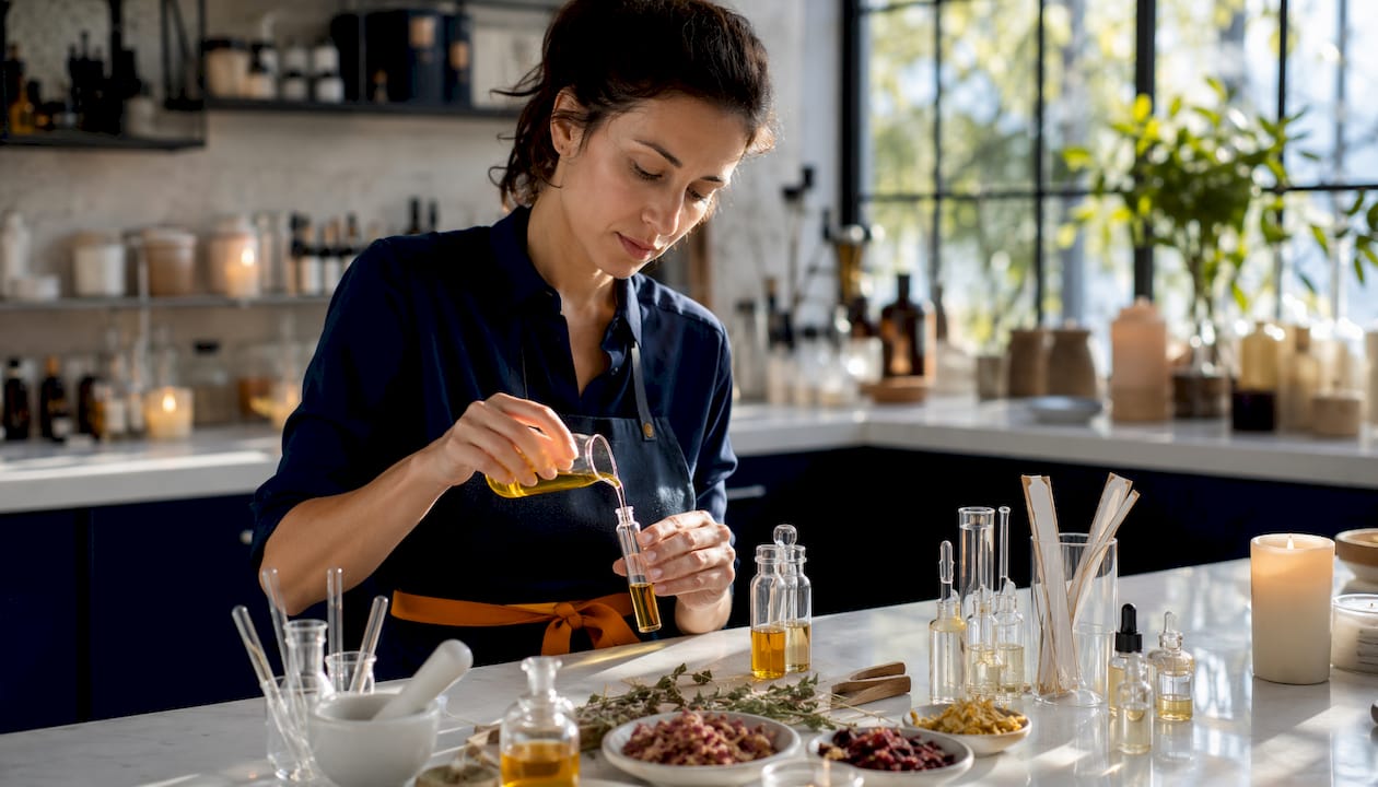 Hands pouring fragrance oils into bottles in studio