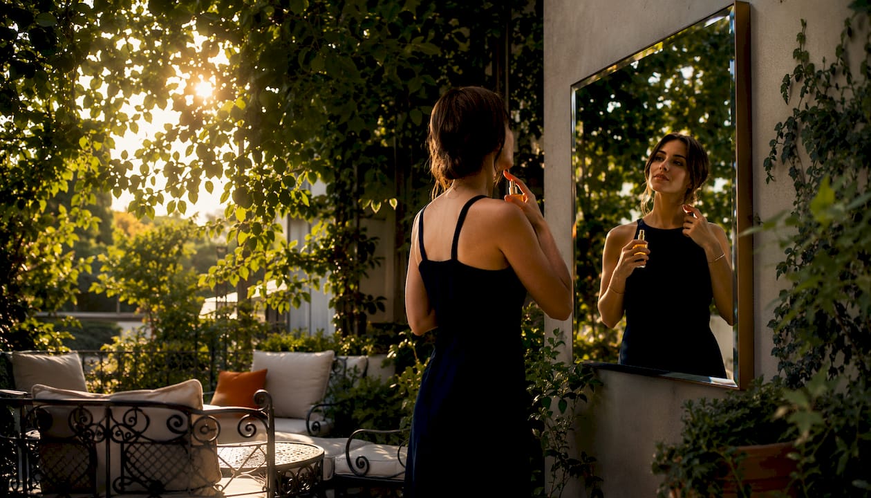 Woman applying cologne at vanity mirror
