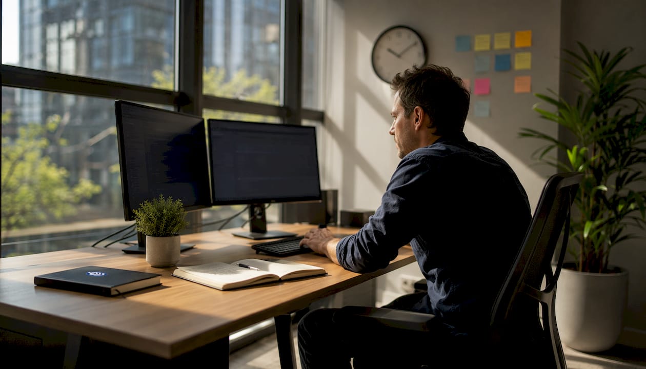 SEO professional reviewing analytics at desk