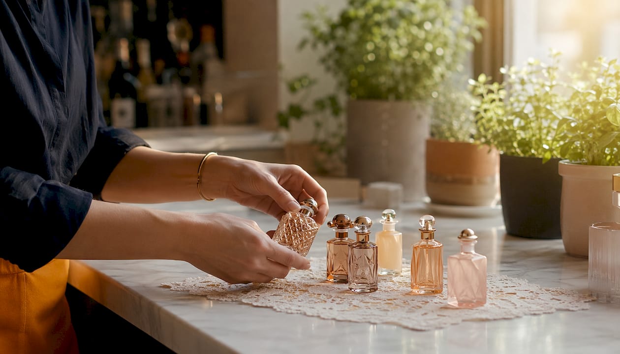 Close-up on hands arranging perfume bottles