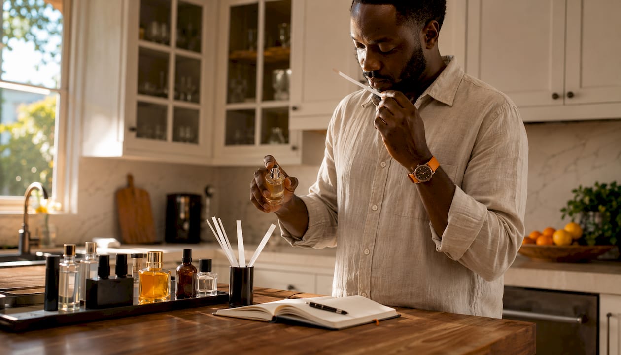 Man testing perfume samples at home table