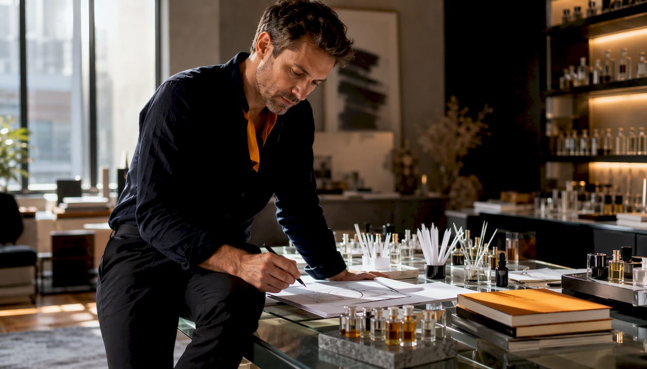 Perfumer creating mood board in studio