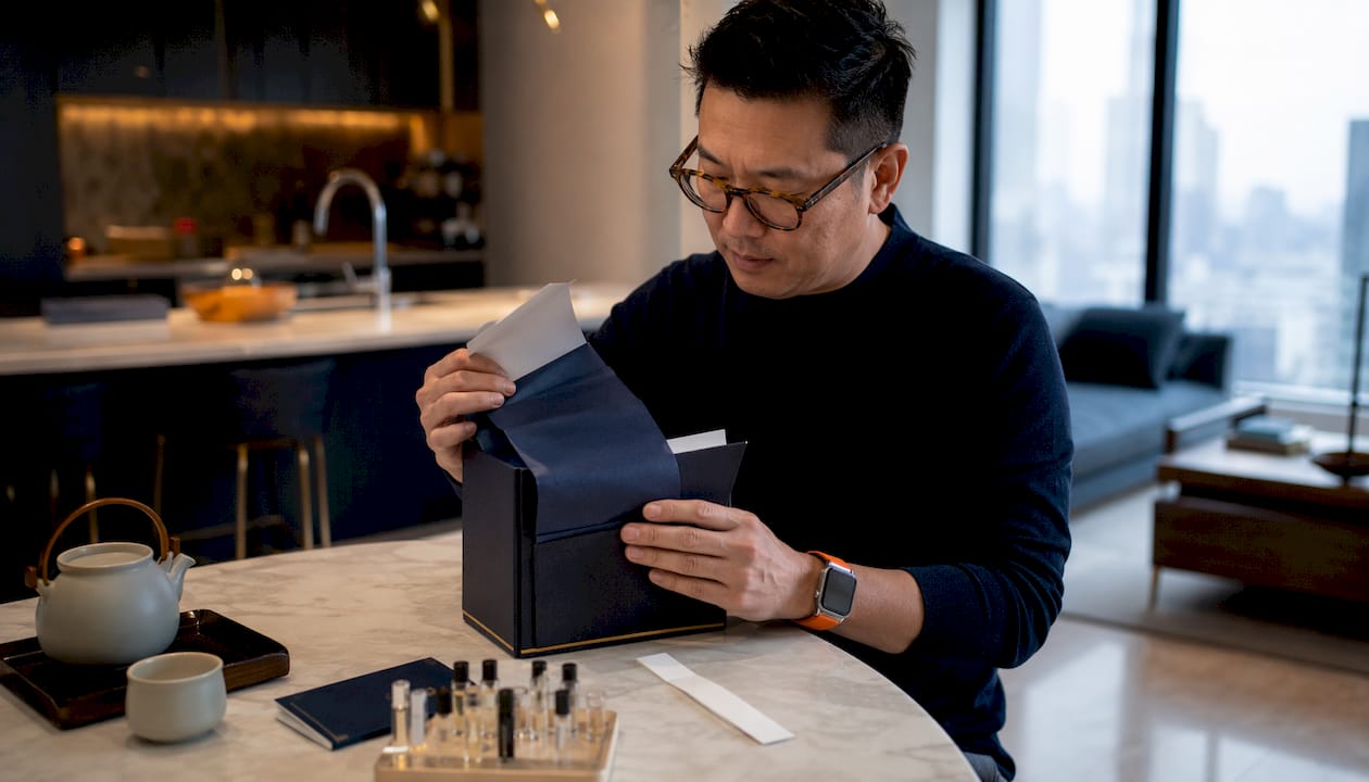 Man unboxing fragrance subscription samples