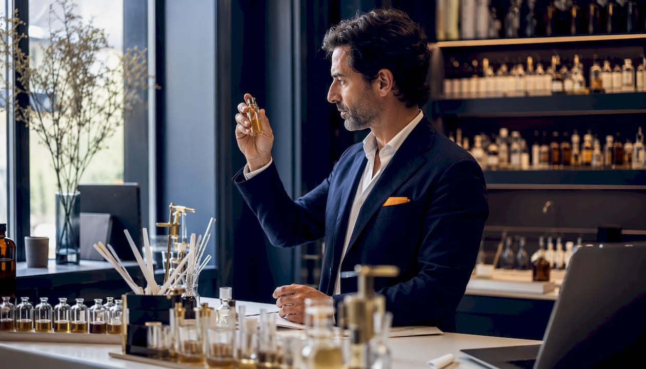 Perfumer analyzing fragrance vial in lab