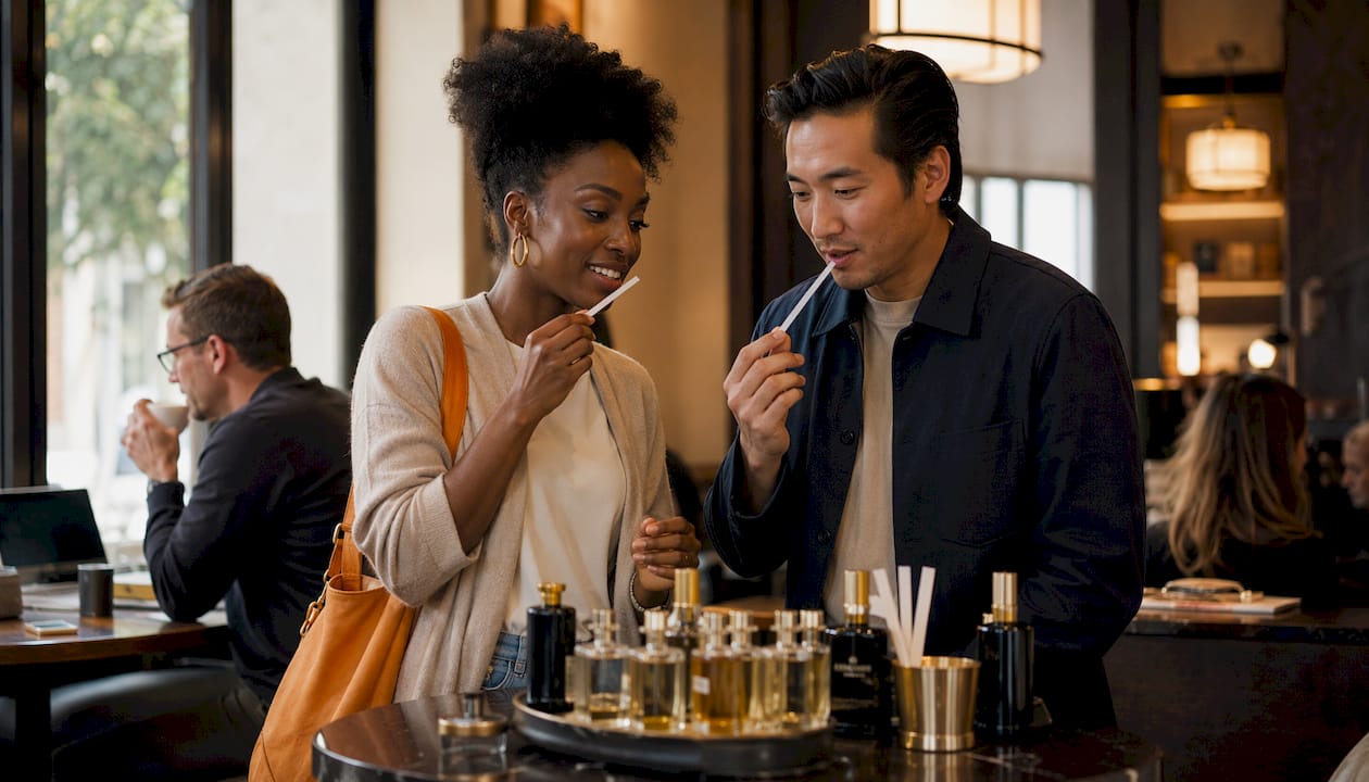 Shoppers testing perfume scent strips at counter