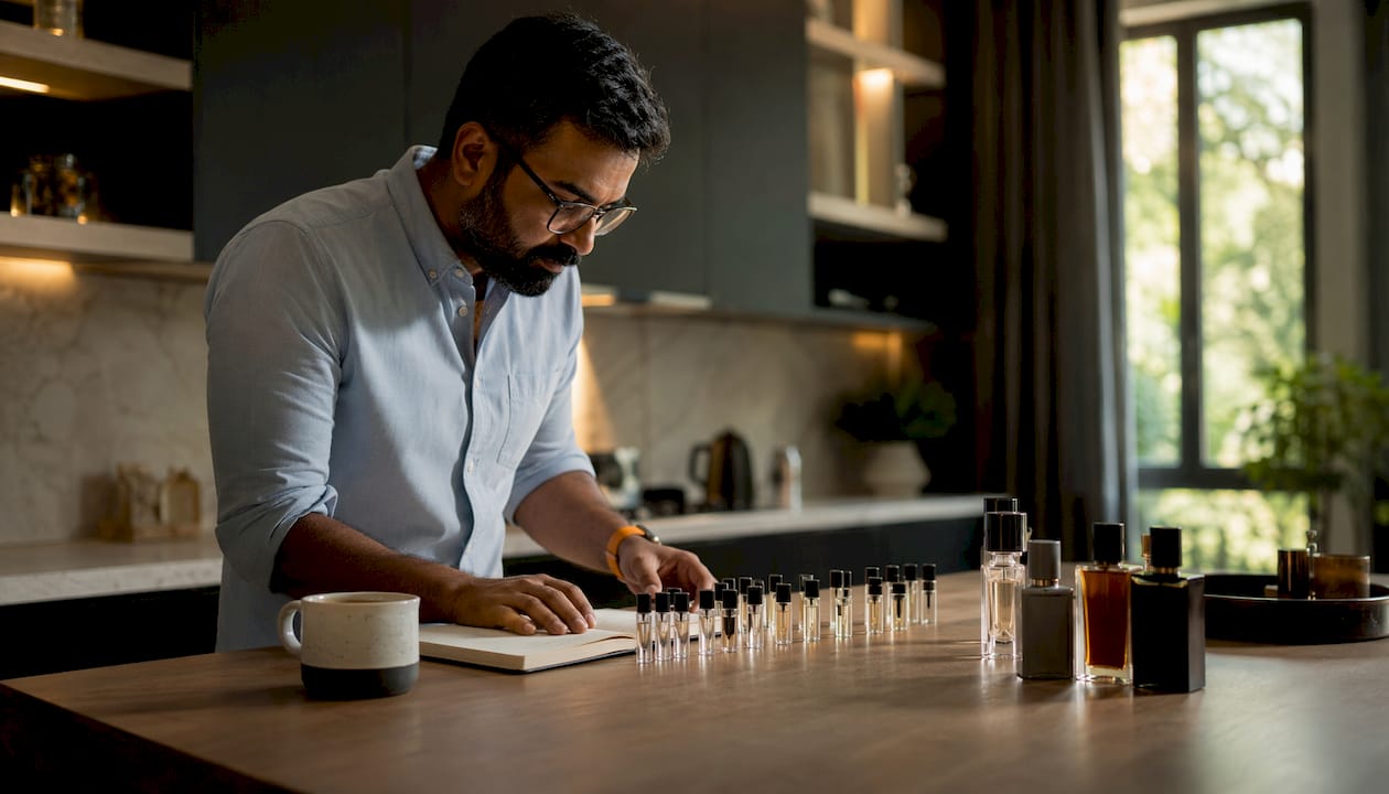 Man evaluating perfume deals on laptop at home