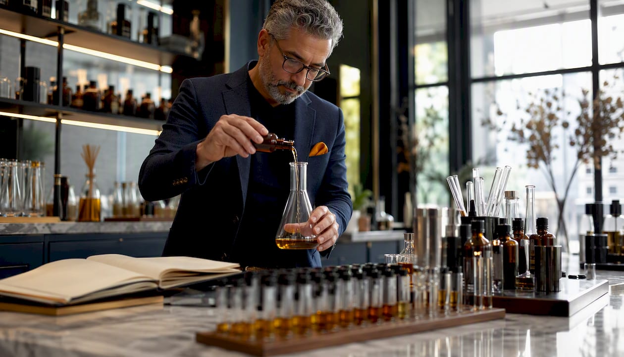Perfumer blending top note fragrance ingredients