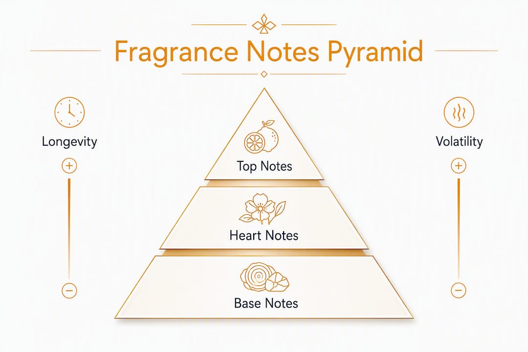 Infographic showing fragrance note pyramid and key labels