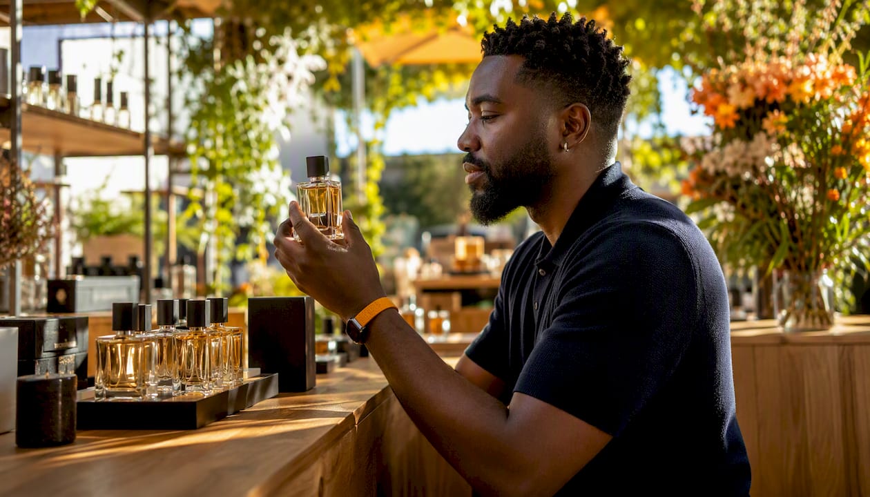 Man examining cruelty-free perfume in boutique