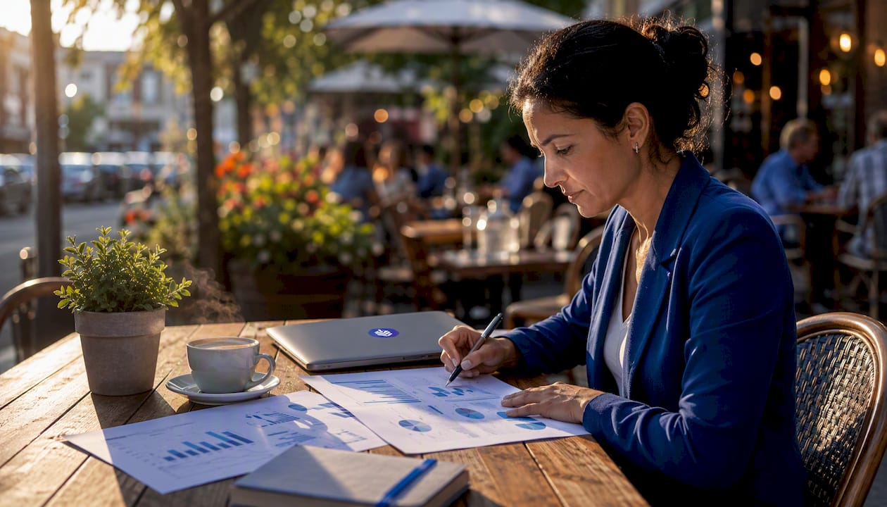 Woman reviewing KPI report at home office