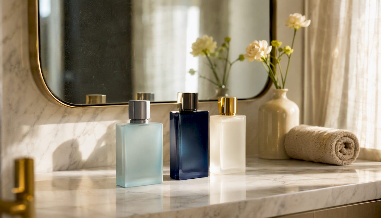 Men's aquatic citrus cologne bottles on shelf