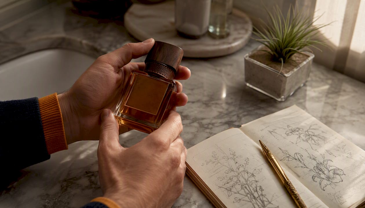 Hands adjusting woody cologne bottle on desk