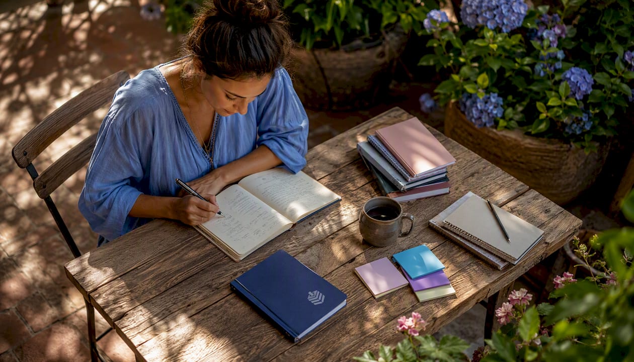 Small business owner writing content plan at desk