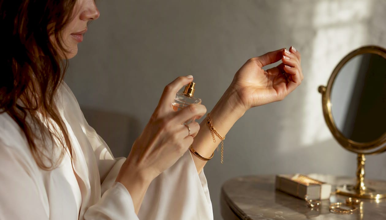 Woman applying perfume to wrist pulse point