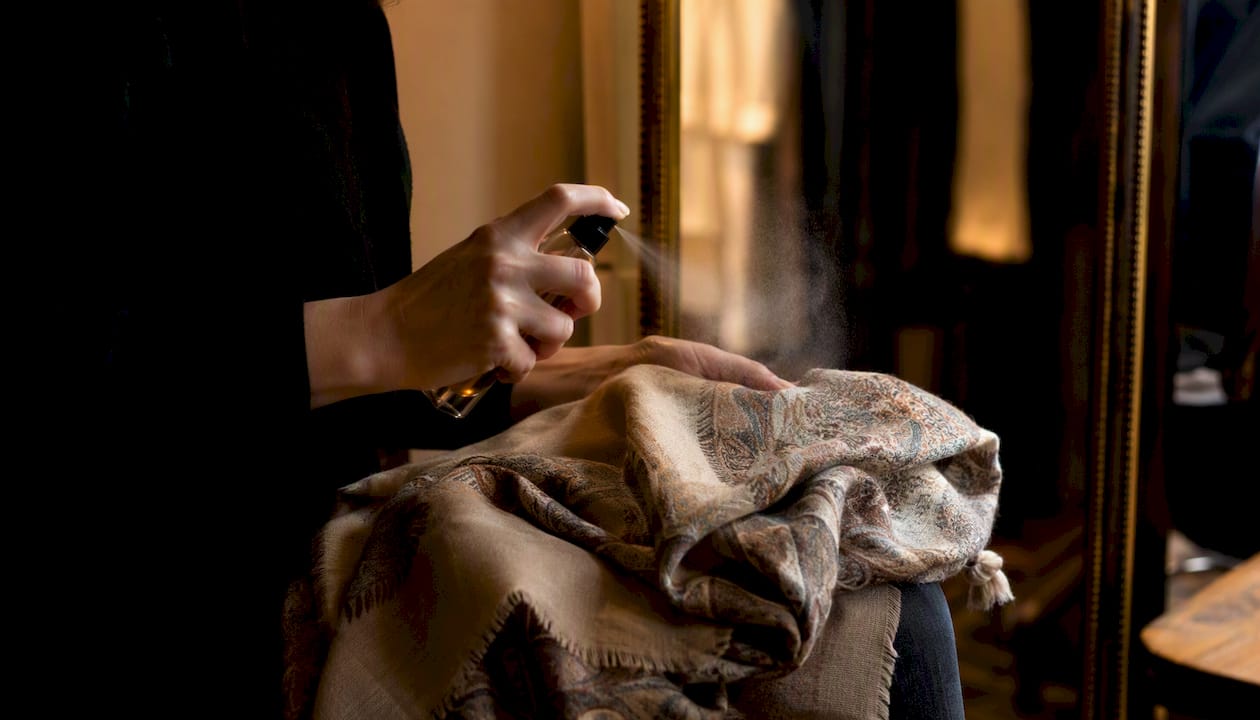 Perfume spray on scarf fabric fibers