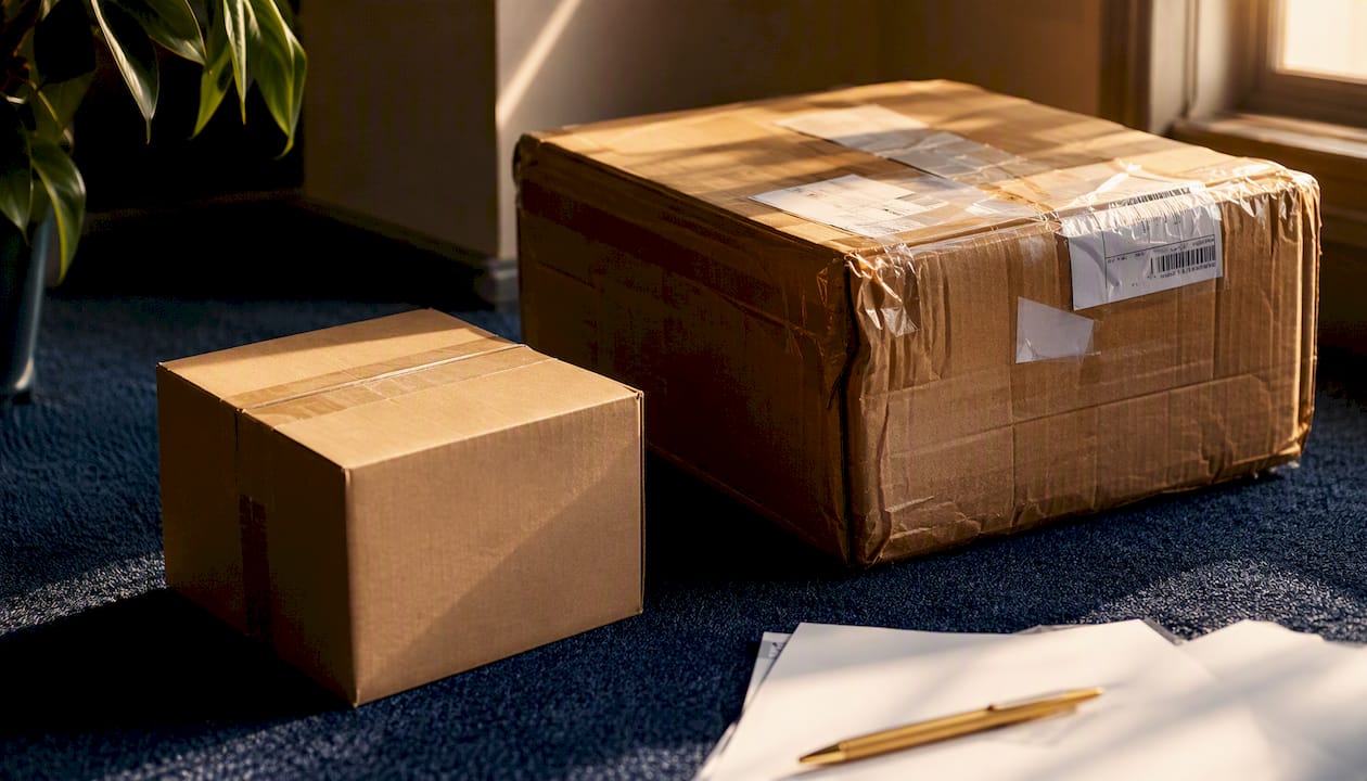 Two perfume shipping packages on desk