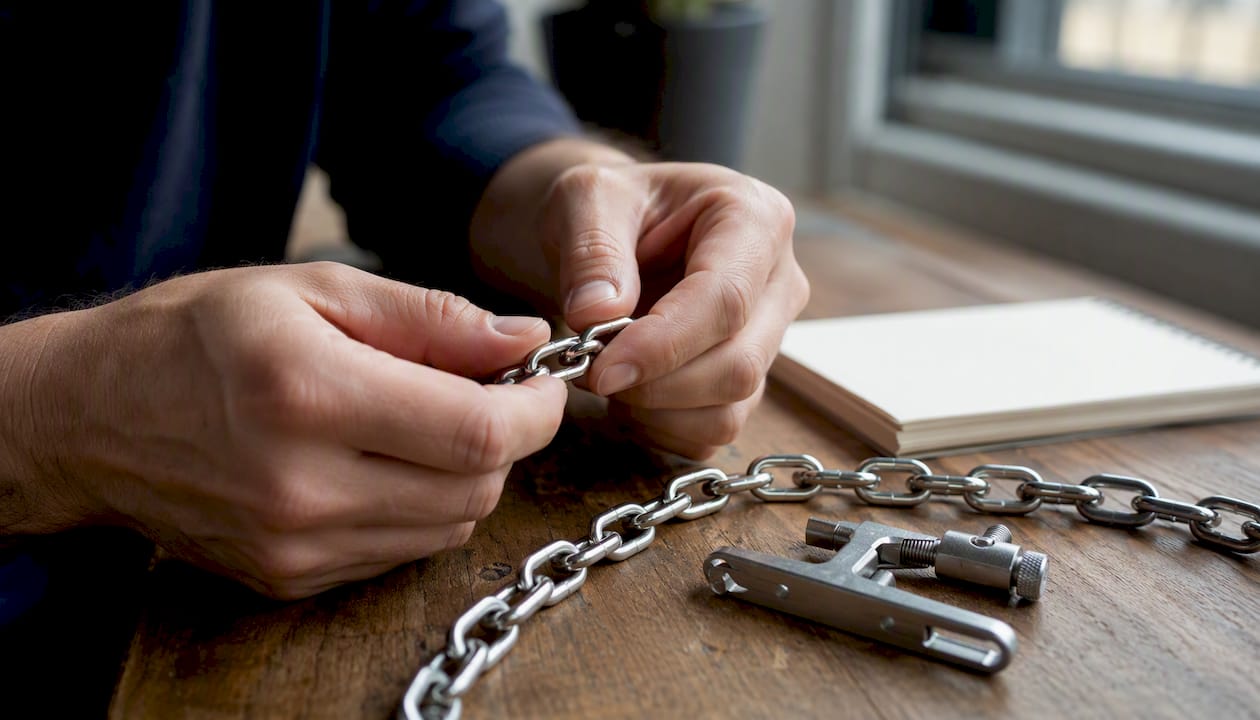 Hands connecting chain links close-up