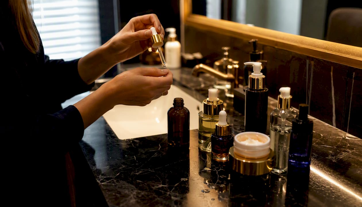 Moisturizers and oils on vanity surface with warm light