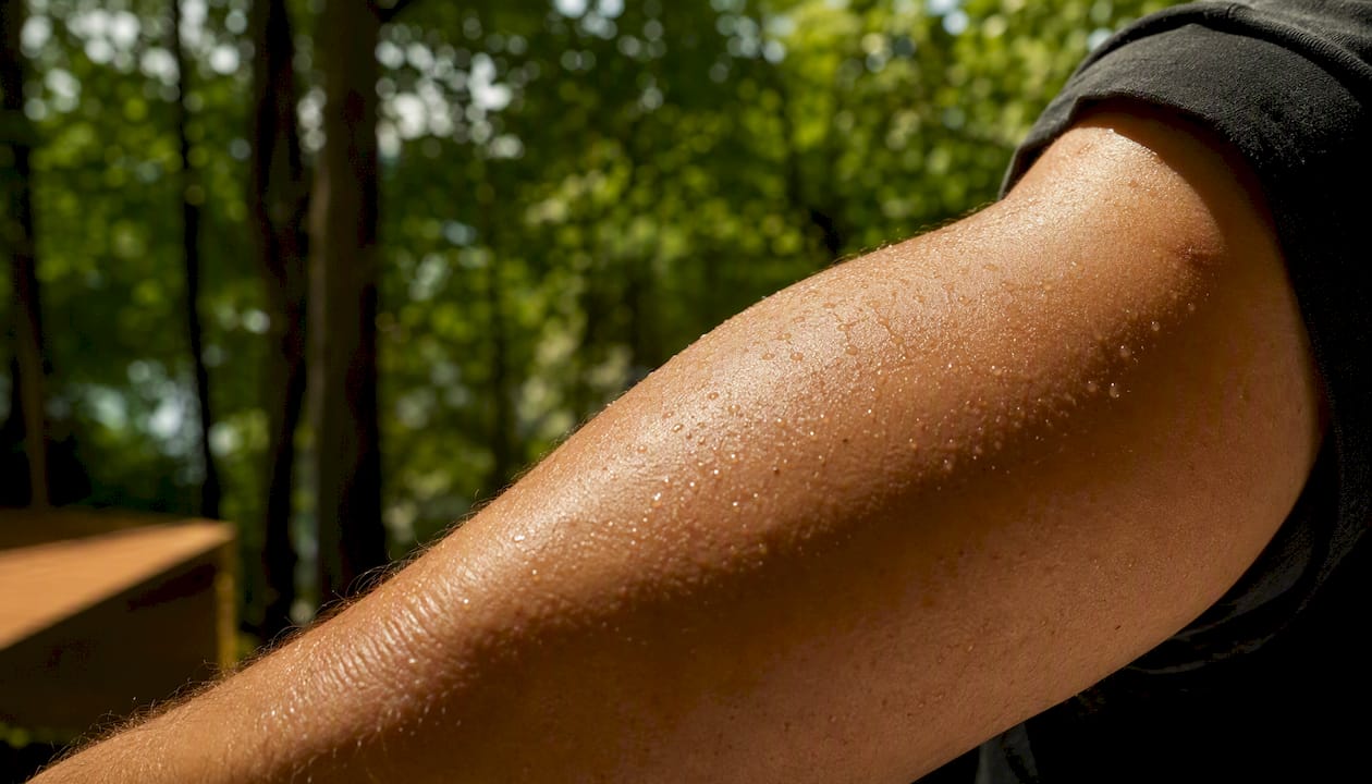 Close-up of warm, humid skin outdoors with natural light