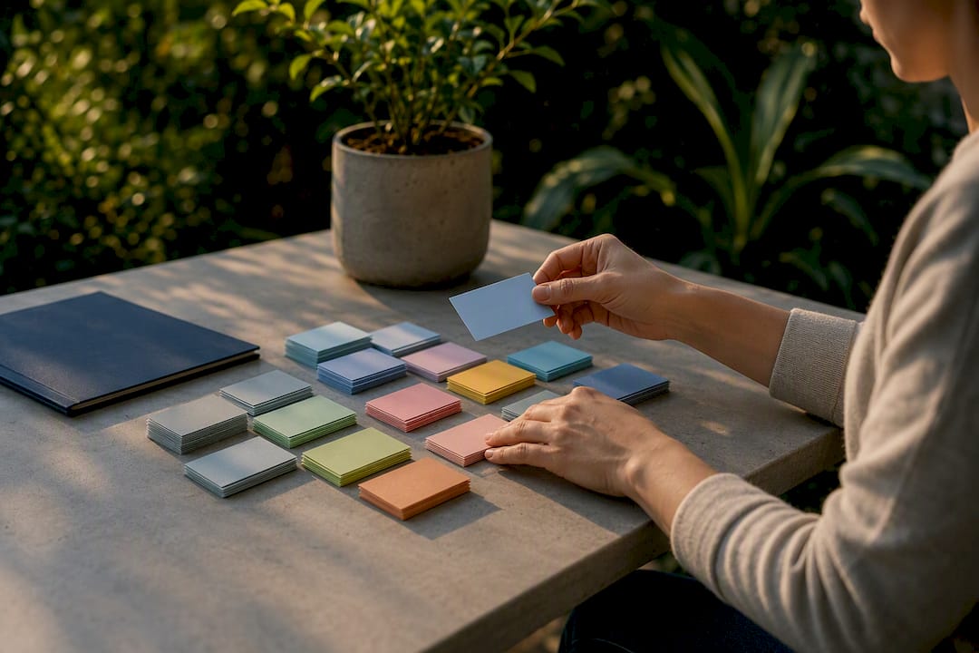 Hands sorting blog tag cards