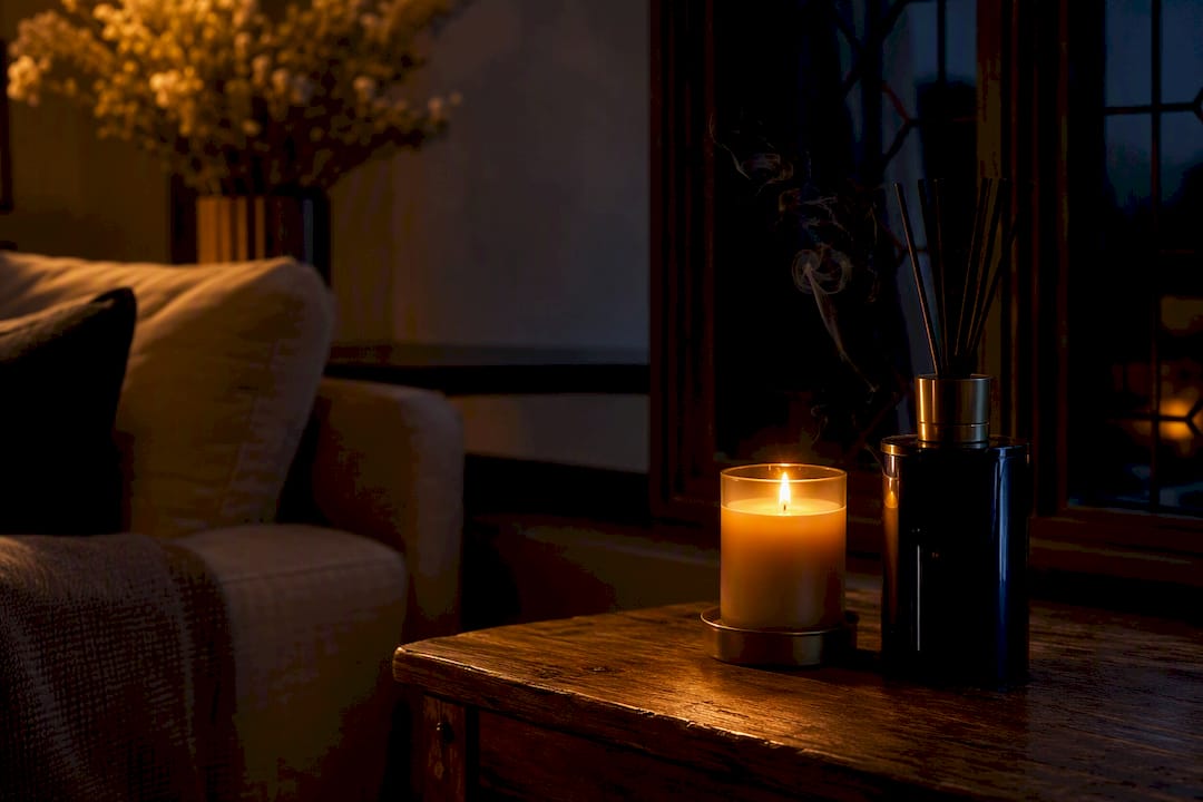 Scented candle and diffuser on wooden table