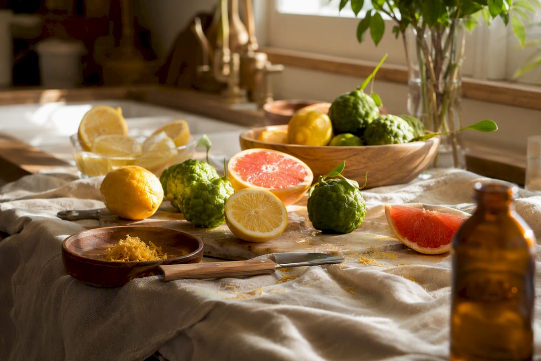 Fresh citrus fruits on wooden table