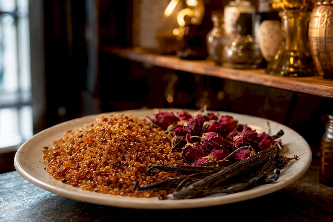 Amber resin, dried rosebuds, vanilla beans