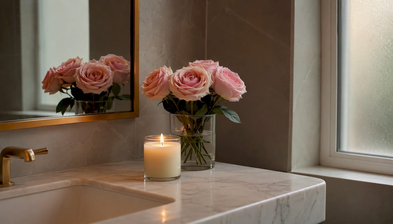 Vanilla candle and pale pink roses