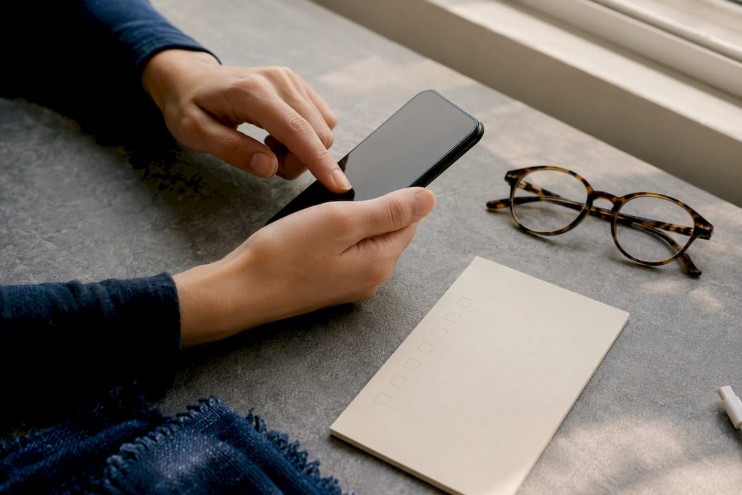 Hands tapping phone during mobile content checklist
