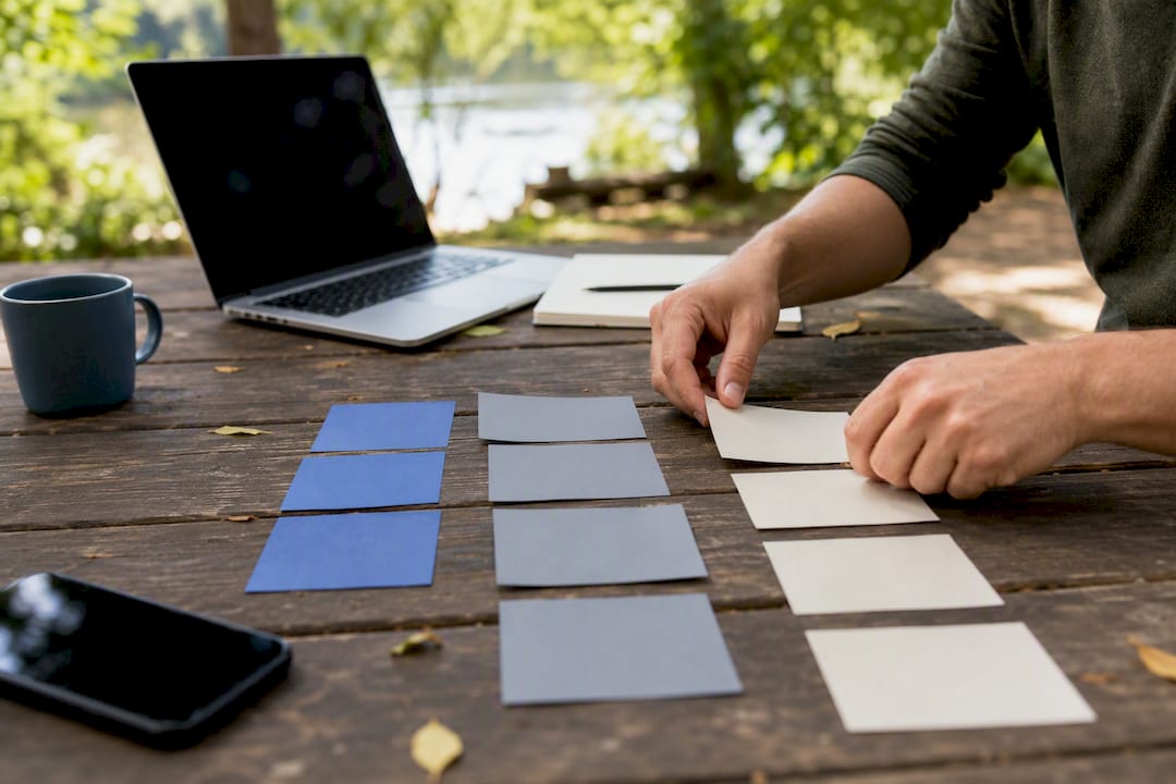Hands moving task cards for mobile editorial workflow
