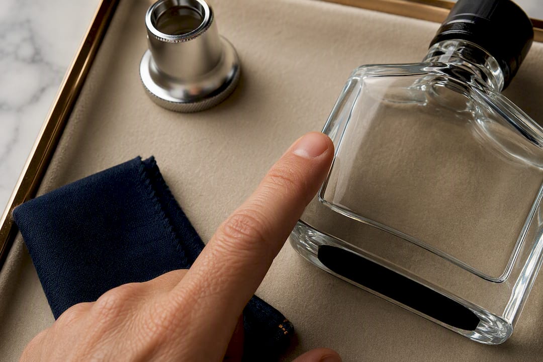 Hand checking thick fragrance bottle glass