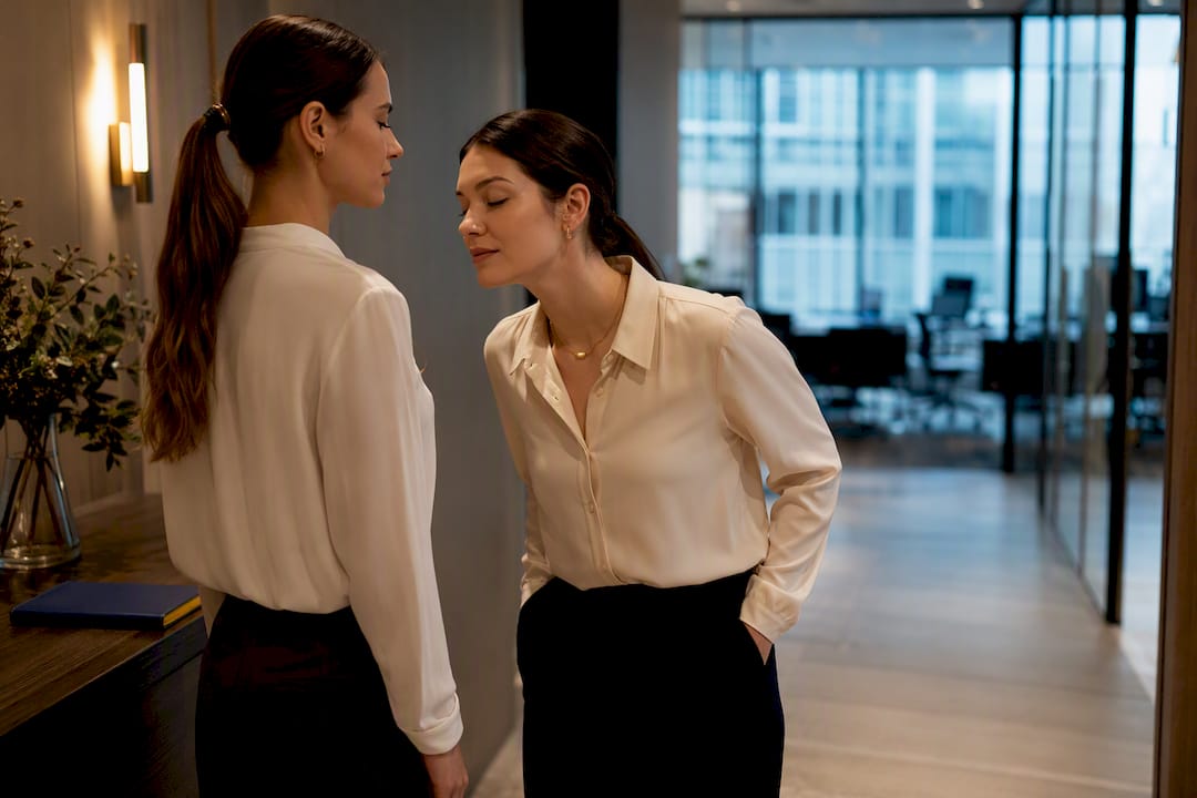 Coworkers checking fragrance at arm's length