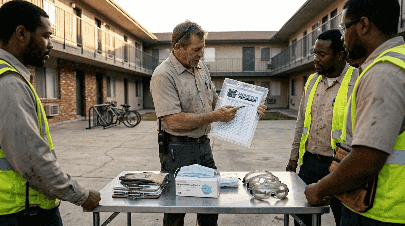 Maintenance crew safety meeting with PPE displayed