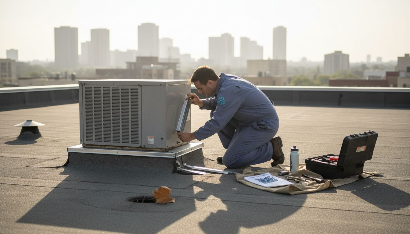 Worker inspecting apartment building rooftop maintenance