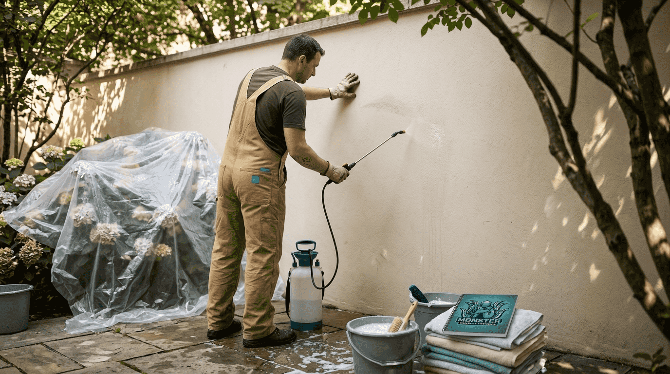 Soft washing technician cleans delicate stucco apartment wall