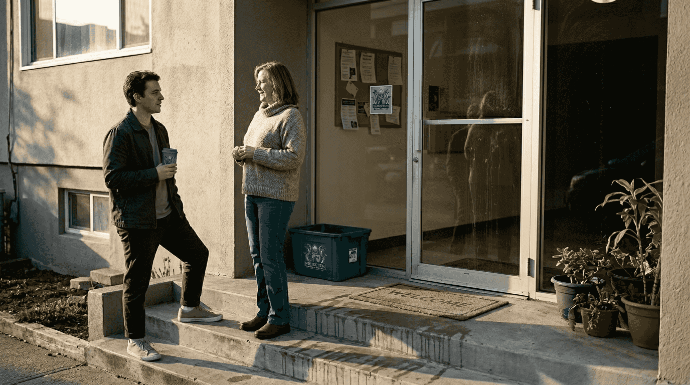 Tenants by cleaned multifamily building entrance