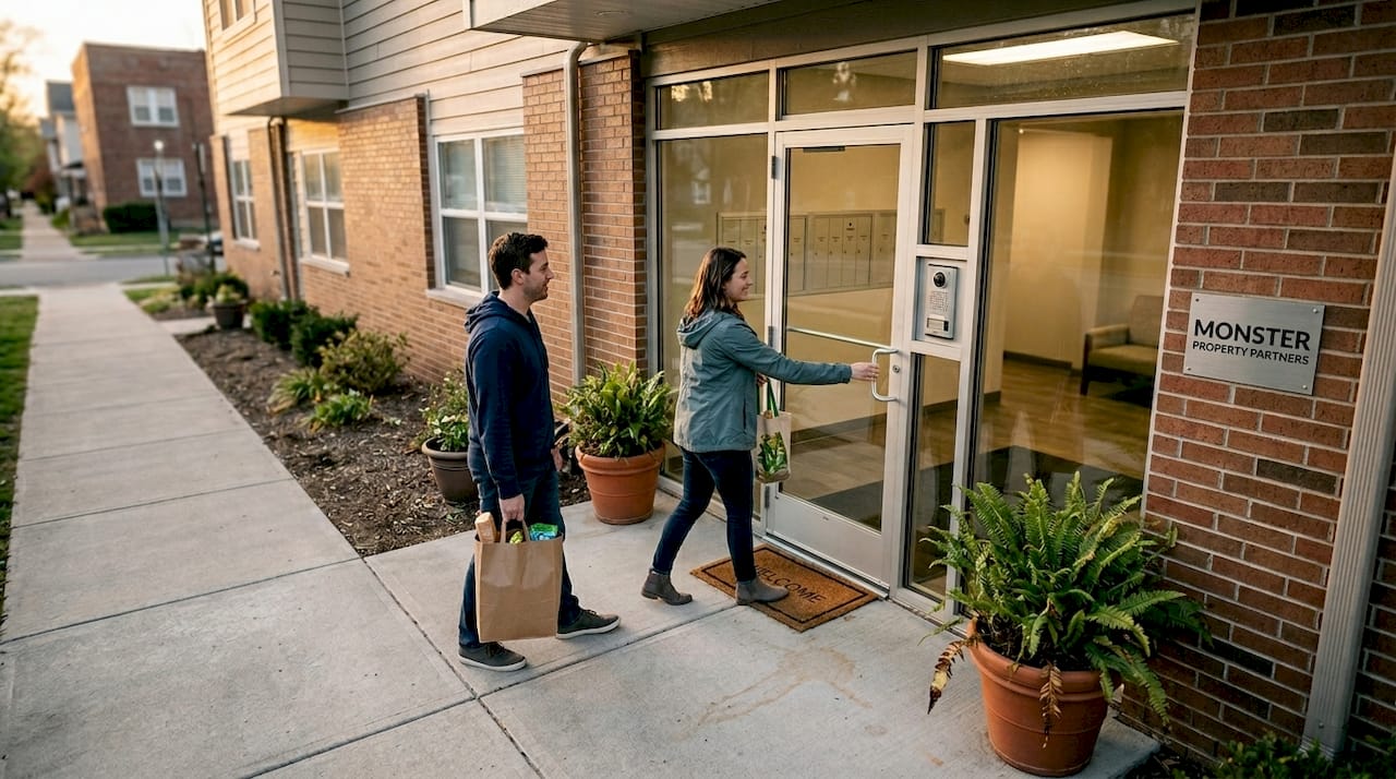 Clean apartment exterior with tenants entering