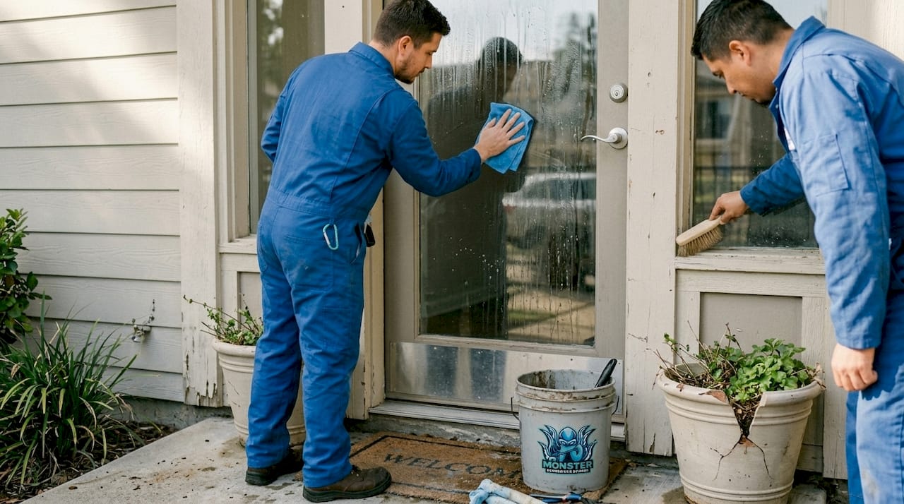Team cleaning glass and painted wood surfaces